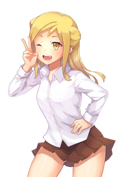 Anime picture 707x1000 with demi-chan wa kataritai a-1 pictures takanashi hikari rizihike single long hair tall image blush short hair open mouth light erotic blonde hair white background yellow eyes pleated skirt one eye closed wink fang (fangs) victory ass visible through thighs
