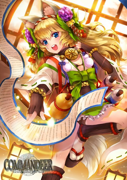 Anime picture 636x900 with commandeer (card game) kaskia single long hair tall image fringe open mouth blue eyes light erotic blonde hair animal ears tail traditional clothes japanese clothes animal tail girl gloves elbow gloves