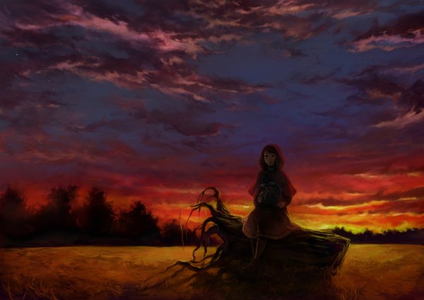 Anime picture 1754x1240 with original asahi (pixiv) single highres sitting sky cloud (clouds) scenic field girl dress plant (plants) tree (trees) hood basket roots