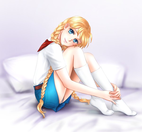 Anime picture 1500x1404 with everlasting summer iichan eroge slavya (everlasting summer) orika nekoi single long hair looking at viewer fringe blue eyes light erotic blonde hair smile bent knee (knees) braid (braids) pantyshot twin braids pantyshot sitting girl underwear panties