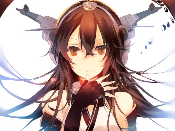 Anime picture 1600x1200 with kantai collection nagato battleship kirero (pixiv) single long hair fringe simple background brown hair white background brown eyes looking away light smile finger to mouth close-up girl gloves fingerless gloves