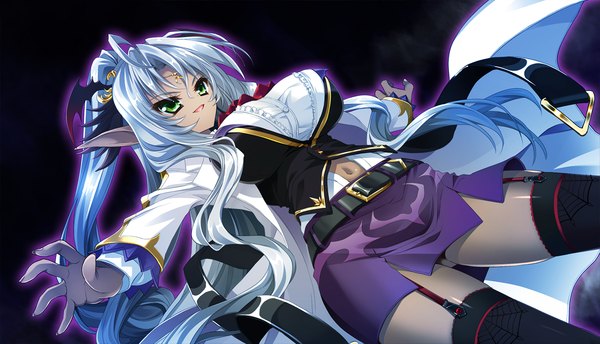 Anime picture 1427x820 with mayoeru futari to sekai no subete single long hair open mouth light erotic wide image green eyes looking away game cg white hair pointy ears dark background girl thighhighs skirt black thighhighs