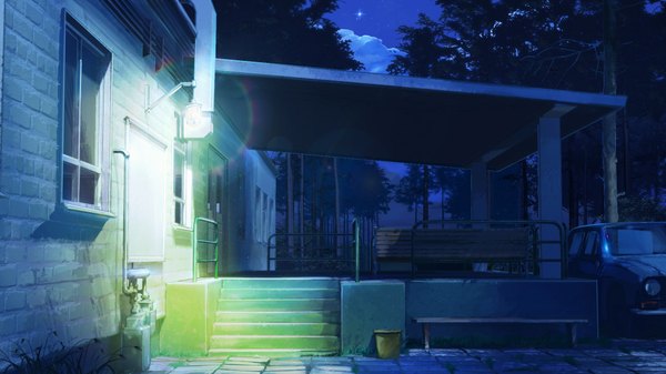 Anime picture 1920x1080 with everlasting summer iichan eroge arsenixc vvcephei highres wide image game cg night wallpaper no people scenic collaboration camp window building (buildings) ground vehicle stairs lamp car bench