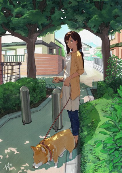 Anime picture 1230x1740 with original yshkt single long hair tall image looking at viewer fringe smile brown hair holding light smile shadow welsh corgi girl plant (plants) animal tree (trees) shoes dog hose
