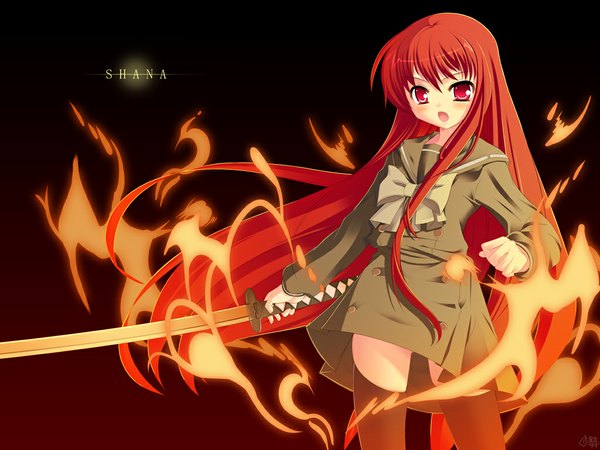 Anime picture 1024x768 with shakugan no shana j.c. staff shana long hair red hair sword fire