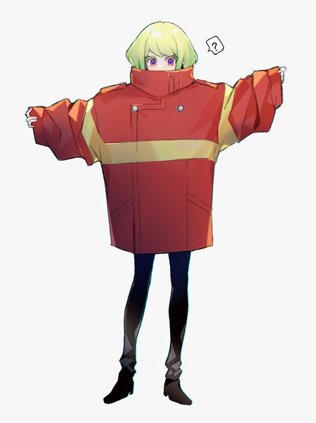 Anime picture 1121x1500 with promare studio trigger lio fotia heridy single tall image short hair simple background standing white background purple eyes full body green hair wide sleeves spread arms ? oversized clothes boy jacket speech bubble