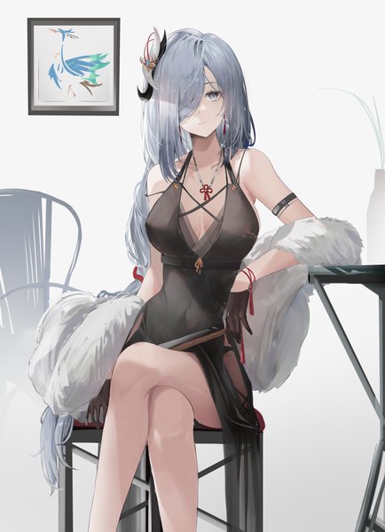Anime picture 3167x4382 with genshin impact shenhe (genshin impact) cloud retainer (genshin impact) jmin single tall image looking at viewer fringe highres breasts large breasts white background sitting bare shoulders payot absurdres cleavage indoors very long hair grey hair