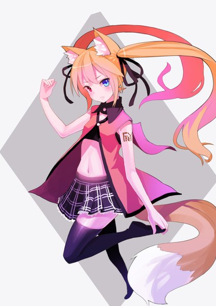 Anime picture 1200x1697 with original fkey single long hair tall image looking at viewer blush breasts blue eyes blonde hair red eyes twintails animal ears tail animal tail pleated skirt bare belly tattoo zettai ryouiki fox ears
