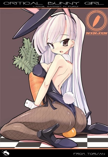 Anime picture 1200x1730 with original torisan single long hair tall image blush breasts open mouth light erotic large breasts brown eyes animal ears silver hair tail animal tail bunny ears bunny girl bunny tail girl pantyhose