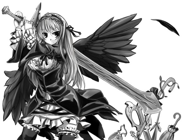Anime picture 1357x1019 with rozen maiden suigintou monochrome sword wings key nabeyu