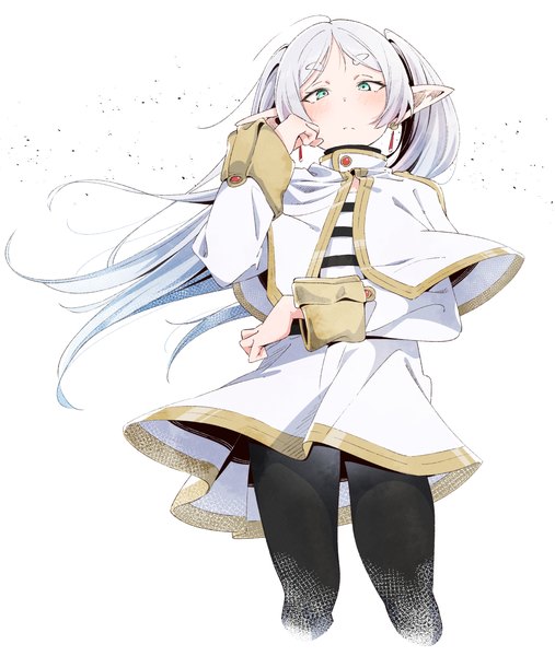 Anime picture 1003x1188 with sousou no frieren frieren eito12 single long hair tall image looking at viewer simple background standing white background twintails green eyes silver hair wind pointy ears from below eyebrows elf girl earrings