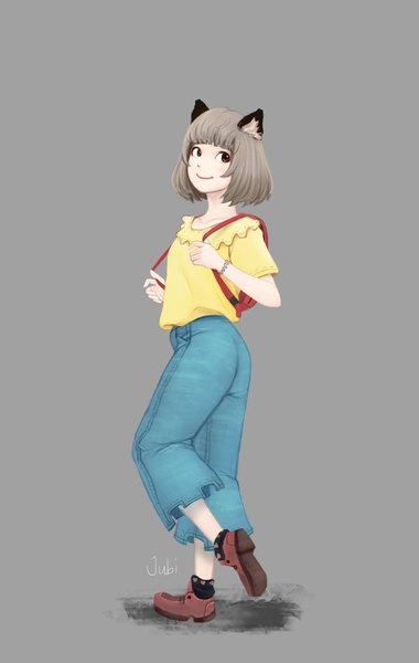 Anime picture 1299x2048 with original hana (jubi) jubi (regiana) single tall image looking at viewer fringe short hair simple background smile brown hair standing brown eyes signed animal ears full body cat ears grey background standing on one leg girl