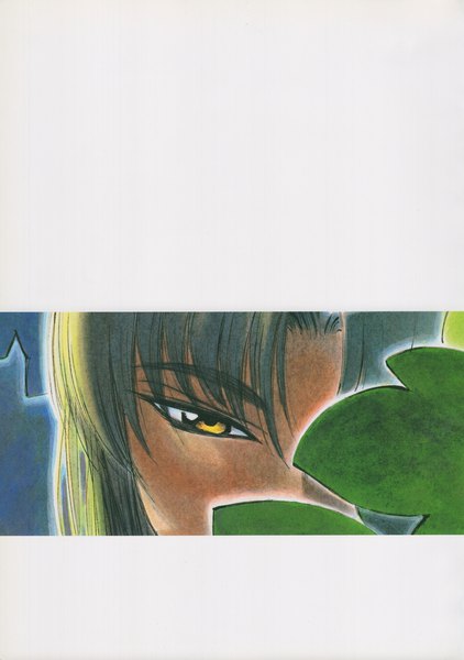 Anime picture 2112x3000 with yokohama kaidashi kikou yokohama kaidashi kikou: ashinano hitoshi art collection (artbook) misago ashinano hitoshi single tall image looking at viewer highres brown hair yellow eyes scan letterboxed close-up peeking girl leaf (leaves)