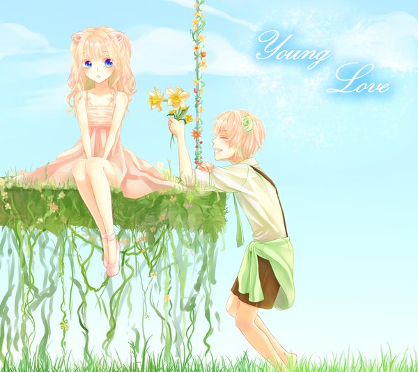 Anime picture 1400x1250 with original vocaloid seeu yuari kim long hair blush fringe short hair blue eyes blonde hair smile standing sitting bare shoulders holding animal ears looking away sky cloud (clouds) full body