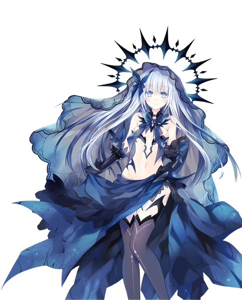 Anime picture 1572x1943 with date a live tobiichi origami tsunako single long hair tall image looking at viewer fringe blue eyes light erotic hair between eyes bare shoulders silver hair light smile transparent background outstretched hand girl thighhighs gloves navel