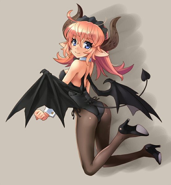 Anime picture 738x800 with original katahira masashi single long hair tall image looking at viewer blue eyes light erotic simple background smile bent knee (knees) ass tail horn (horns) pointy ears orange hair grey background shadow high heels flying