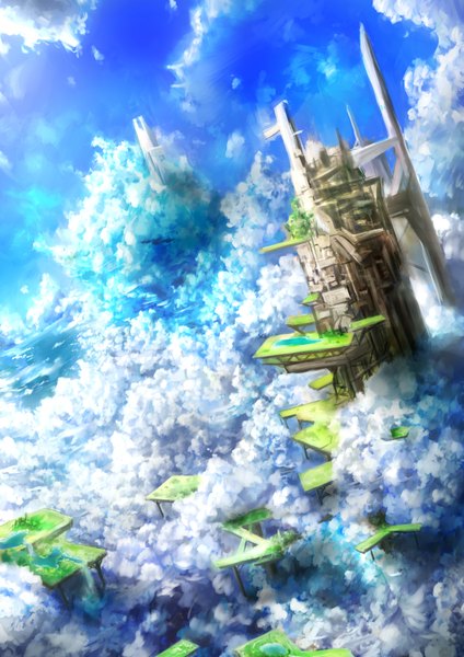 Anime picture 2480x3508 with original quarterly pixiv 6 free habata tall image highres sky cloud (clouds) landscape water building (buildings) tower