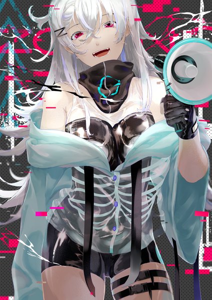 Anime-Bild 4092x5787 mit original dive to zone sann single long hair tall image looking at viewer fringe highres open mouth hair between eyes bare shoulders absurdres white hair :d pink eyes off shoulder girl gloves black gloves