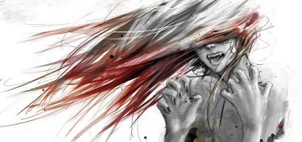 Anime picture 1063x502 with original mismist single long hair open mouth black hair simple background wide image white background bare shoulders red hair nail polish multicolored hair two-tone hair teeth fang (fangs) hair over eyes screaming girl
