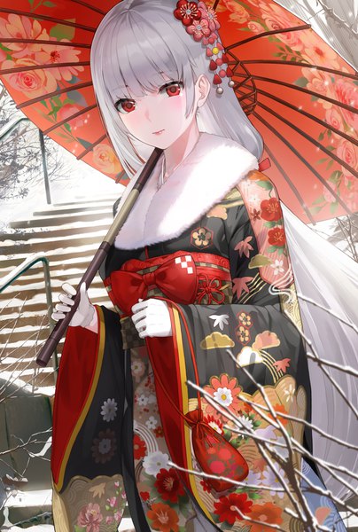 Anime picture 1655x2460 with original kfr single tall image looking at viewer blush fringe red eyes standing holding silver hair outdoors blunt bangs long sleeves very long hair traditional clothes japanese clothes hair flower light smile wide sleeves