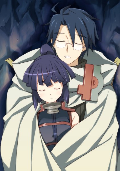 Anime picture 1040x1477 with log horizon akatsuki (log horizon) shiroe ike masato long hair tall image short hair black hair eyes closed couple hug girl boy glasses