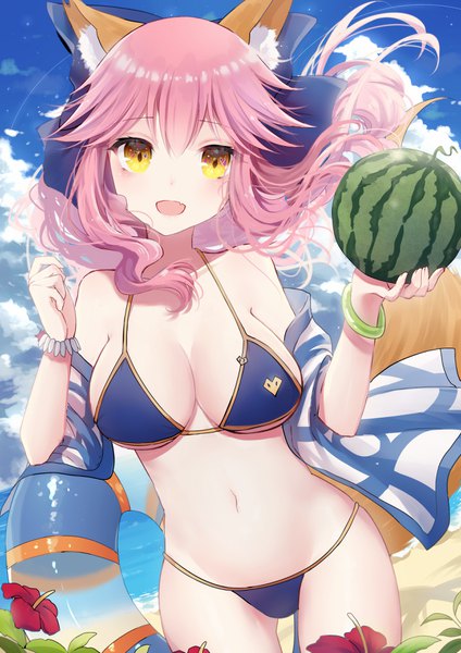 Anime picture 2480x3507 with fate (series) fate/grand order fate/extra tamamo (fate) (all) tamamo no mae (swimsuit lancer) (fate) saikou-iro aurora single long hair tall image looking at viewer fringe highres breasts open mouth light erotic smile hair between eyes large breasts holding animal ears