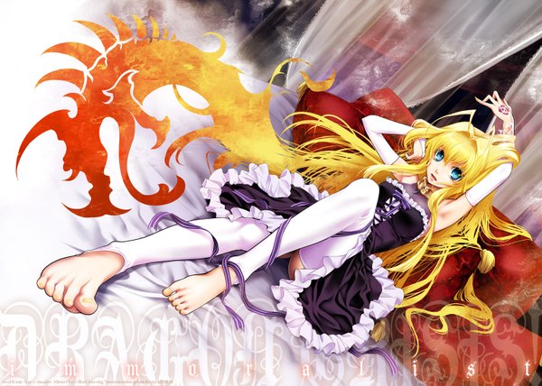 Anime picture 1500x1071 with dragon crisis! rose (dragon crisis) kitano tomotoshi single long hair looking at viewer open mouth blue eyes blonde hair barefoot arms up armpit (armpits) toenails girl thighhighs dress gloves ribbon (ribbons) white thighhighs elbow gloves