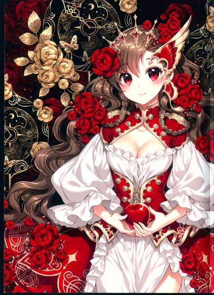 Anime-Bild 5100x7020 mit original nardack single long hair tall image looking at viewer blush highres breasts smile red eyes brown hair holding absurdres cleavage braid (braids) hair flower scan girl dress