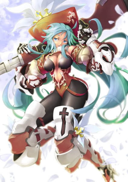 Anime picture 2480x3508 with tenten (pixiv 1600747) single tall image highres breasts blue eyes light erotic large breasts blue hair very long hair girl gloves shoes headdress armor huge weapon