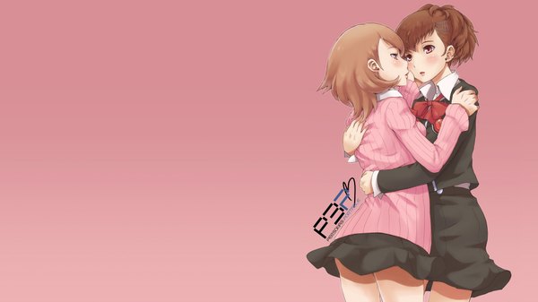 Anime picture 1920x1080 with persona 3 persona female protagonist (p3) takeba yukari blush highres short hair open mouth red eyes brown hair wide image multiple girls hug shoujo ai pink background face to face girl hair ornament 2 girls hairclip