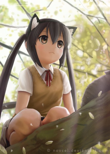 Anime picture 1280x1792 with k-on! kyoto animation nakano azusa novcel single long hair tall image black hair twintails brown eyes signed animal ears looking away cat ears squat girl uniform plant (plants) school uniform petals