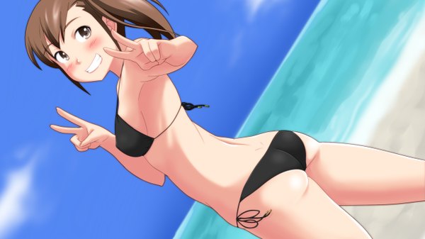 Anime picture 1280x720 with idolmaster futami mami toshifumi single long hair blush fringe breasts light erotic smile brown hair wide image standing brown eyes looking away sky ass ponytail from behind beach