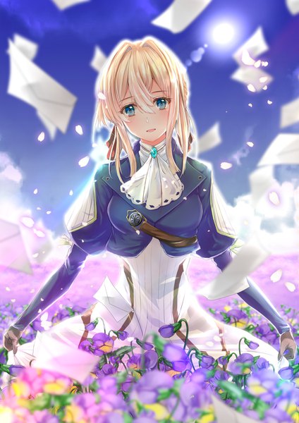 Anime picture 2894x4093 with violet evergarden kyoto animation violet evergarden (character) realdragon single long hair tall image looking at viewer fringe highres open mouth blue eyes blonde hair hair between eyes head tilt wind girl dress gloves flower (flowers)