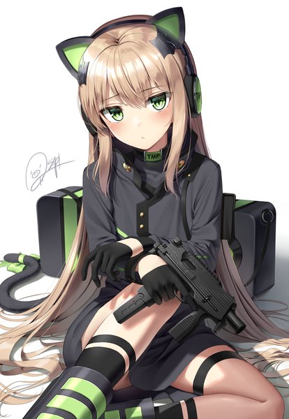 Anime picture 900x1302 with girls frontline tmp (girls frontline) superpig (wlstjqdla) single tall image looking at viewer blush fringe simple background blonde hair hair between eyes white background sitting holding green eyes signed animal ears bent knee (knees) tail long sleeves