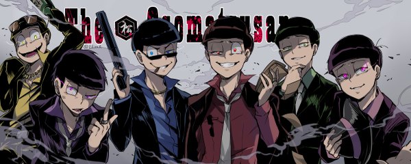 イラスト 1200x481 と おそ松さん おそ松 松野 カラ松 matsuno ichimatsu チョロ松 matsuno todomatsu 十四松 Ekita玄 カメラ目線 前髪 短い髪 開いた口 青い目 黒髪 simple background 笑顔 赤い目 wide image 紫目 緑の目