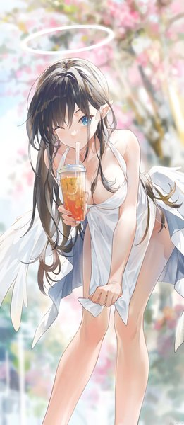 Anime picture 3000x6884 with original swkl:d single long hair tall image looking at viewer fringe highres breasts blue eyes light erotic black hair hair between eyes standing bare shoulders holding cleavage outdoors one eye closed pointy ears