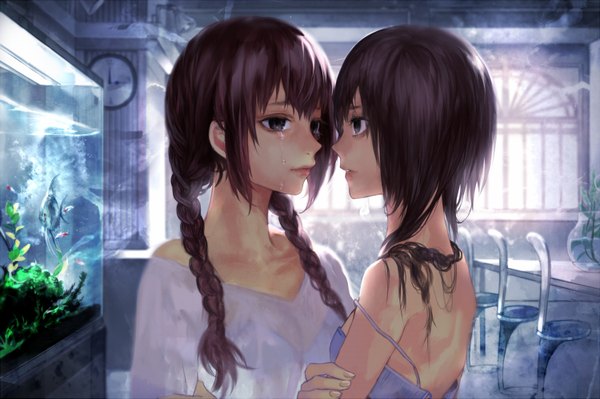 Anime picture 1500x999 with original tcb (pixiv) fringe breasts brown hair bare shoulders multiple girls holding brown eyes braid (braids) fingernails lips tears twin braids shoujo ai face to face crying girl 2 girls plant (plants)