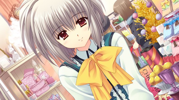 Anime picture 1280x720 with world wide love! (game) kona nako nishimata aoi short hair red eyes wide image game cg silver hair grey hair girl bow