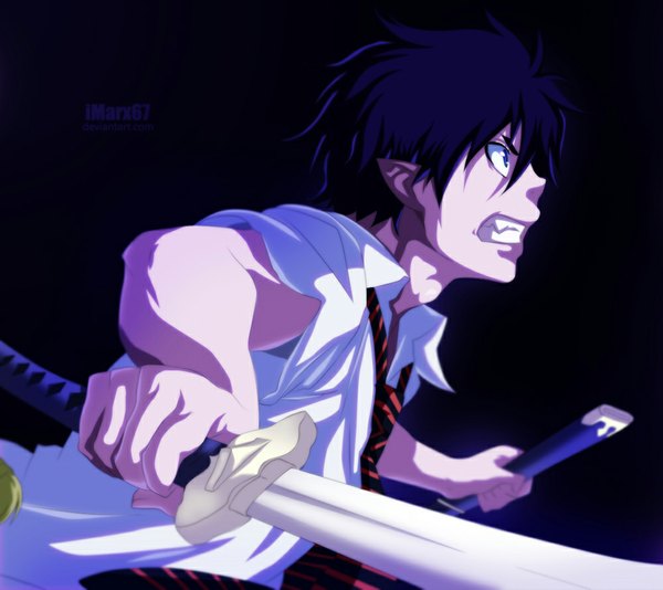 Anime picture 1000x891 with ao no exorcist a-1 pictures okumura rin eroishi single short hair blue eyes black hair pointy ears grin coloring black background angry boy weapon shirt sword necktie katana sheath