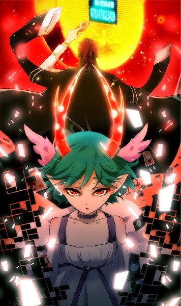 Anime picture 712x1200 with c: the money of soul and possibility control q (control) mikuni souichirou tall image short hair red eyes red hair horn (horns) green hair pointy ears aqua hair head wings girl dress boy wings card (cards)