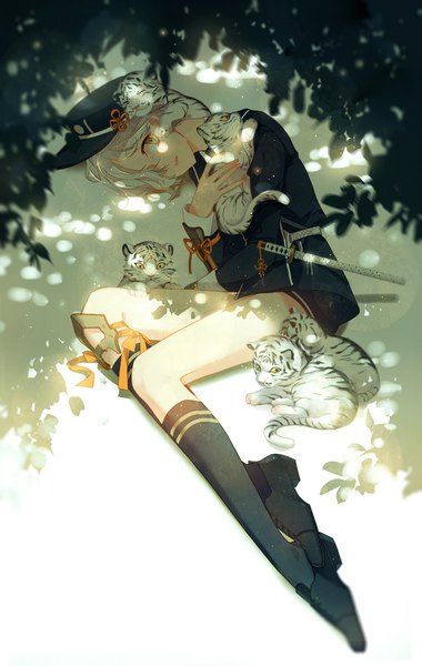Anime picture 1200x1890 with touken ranbu nitroplus gokotai gokotai's tigers cyannism tall image looking at viewer fringe short hair holding yellow eyes white hair lying shadow on side dual wielding boy ribbon (ribbons) plant (plants) animal