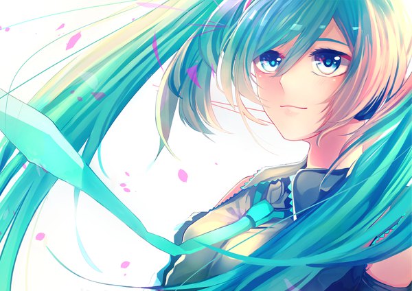 イラスト 3986x2818 と ボーカロイド 初音ミク sakamoto nozoumi ソロ 長髪 赤面 前髪 highres 青い目 simple background hair between eyes 白背景 looking away absurdres upper body light smile aqua hair floating hair 女の子 ネクタイ