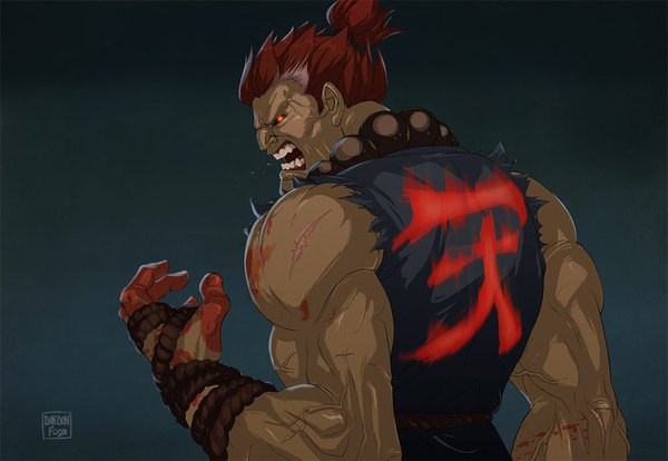 Anime picture 1000x690 with street fighter capcom akuma gouki dandon fuga single short hair simple background red eyes signed red hair profile from behind grin dark background scar muscle boy blood