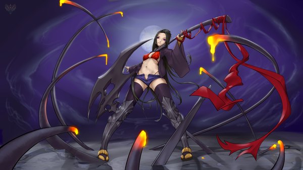 Anime picture 7680x4320 with forgotten-wings single highres light erotic black hair wide image purple eyes absurdres very long hair bare belly open shorts girl thighhighs navel underwear panties weapon black thighhighs shorts short shorts
