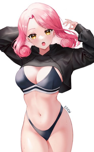 Anime picture 949x1539 with original eden (shiroki yuutsu) single long hair tall image looking at viewer blush breasts open mouth light erotic simple background large breasts standing white background signed yellow eyes pink hair cleavage long sleeves head tilt