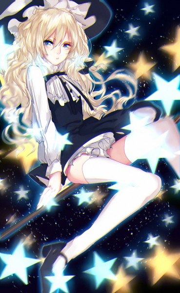 Anime picture 800x1300 with touhou kirisame marisa tian (my dear) single long hair tall image blue eyes blonde hair looking away flying space adapted costume girl thighhighs hat white thighhighs frills star (symbol) star (stars) witch hat