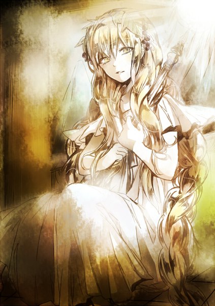 Anime picture 564x800 with magi the labyrinth of magic a-1 pictures scheherazade (magi) somechimu single tall image looking at viewer fringe open mouth hair between eyes sitting payot bent knee (knees) braid (braids) very long hair sunlight twin braids monochrome girl dress