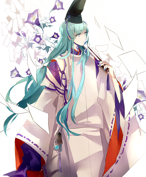 Anime picture 750x909 with touhou kochiya sanae nanobe single long hair tall image fringe blue eyes white background looking away long sleeves nail polish traditional clothes japanese clothes wind aqua hair alternate costume blue nail polish girl flower (flowers)