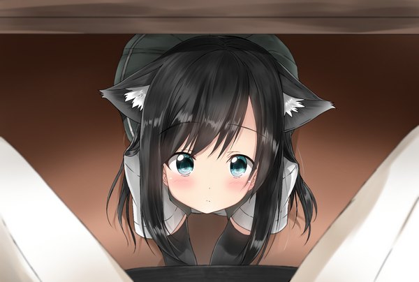 Anime picture 1980x1336 with kantai collection admiral (kantai collection) asashio destroyer pentagon (railgun ky1206) long hair looking at viewer blush fringe highres blue eyes black hair sitting animal ears payot pleated skirt from above cat ears short sleeves cat girl embarrassed