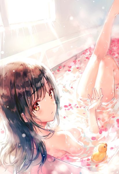 Anime picture 688x1000 with original sano mana hiten (hitenkei) single long hair tall image looking at viewer blush fringe light erotic brown hair yellow eyes bent knee (knees) indoors parted lips looking back from above nude from behind sunlight